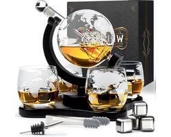 Whiskey Karaf Set Wereldbol 900 ml met Whiskey Decanter - Geschenk voor Mannen - 4 Whisky Glazen - 4 Whiskey Stenen - Schenktuit
