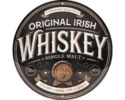 Whiskey Original Irish. Metalen wandbord in reliëf Ø 35 cm.