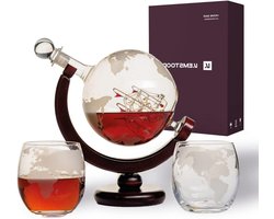 Whisky Karaf 850 ml Geëtste Whisky Globe Karaf - Set van sterke drank bourbon wodka - Met 2 glazen - Gift Sets voor Mannen - Home Bar Accessoires voor Alcoholische Dranken