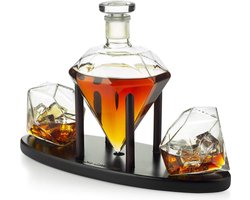 Whisky Karaf Diamond Whiskey Decanter met 2 diamanten glazen-mahonie houten basis-mooi cadeau-likeur Scotch Rum Bourbon Wodka Tequila karaf