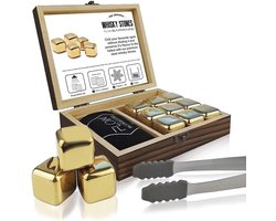 Whisky Stones Cadeauset – Perfect voor Whisky Liefhebbers | Goud RVS Whisky Stenen met Houten Kist