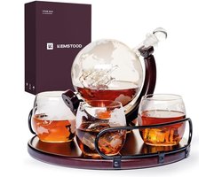 Whiskykaraf Globe voor alcohol - Whiskey Decanter Bar Set met glazen, houten standaard en wereldkaart - Cadeaus voor mannen en vrouwen - Glazen flesaccessoires voor gin, rum, whisky, likeur, bourbon, wodka