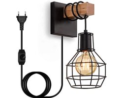 White-Label® Wandlamp Binnen met Snoer - Wandlamp met Stekker voor Binnen - met Dimbare Schakelaar - Industrieel en Vintage - Slaapkamer Bedlampje
