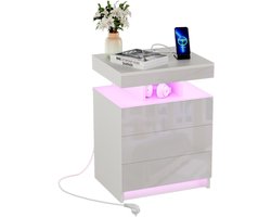 White Wooden Bedside Table with 3 High-Gloss Drawers - Bluetooth Light Strip + Charging Station (2AC/2USB, 1.5m EU Plug) - 50x40x67.5cm Sideboard for Bedroom & Living Room