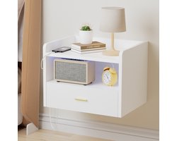 White Wooden Wall Mounted Bedside Table - 1-Layer Drawer + LED Light Strip & Charging Station (1AC/2USB, EU Power Outlet) - Space-Saving Bedside Cabinet for Bedroom Home