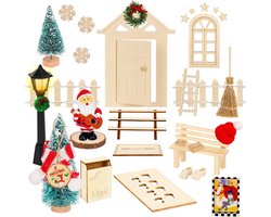 Wichtel Deur Set met 26 Onderdelen, Gnome Huis Decoratie met Licht, Houten Ladder en Kerstboom voor Feestdagen