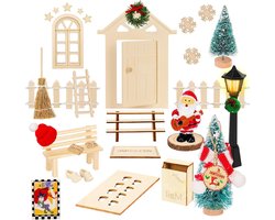 Wichtel Deur Set met 26 Stukken, Gnome Huis Decoratie, Licht, Houten Ladder en Kerstboom Accessoires voor Feestdagen