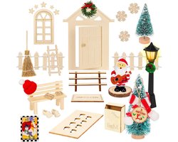 Wichteldeurset met 26 stuks: kabouterdeur accessoires voor kabouterset met licht - bouwpakket van hout met laarzen, lantaarn, kerstboom, decoratieve krans, houten ladder - ideaal voor Kerstmis.