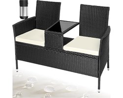 Wicker tuinbank - Buitenbank met tafel - Ontspannen in de tuin - Geïntegreerde glazen tafel - 131x61x82cm - Zwart/beige