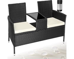 Wicker tuinbank met tafel - Duo bank tuin - Ontspannen buiten - Geïntegreerd glazen tafelblad - 131x61x82cm - Zwart/beige