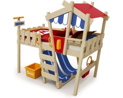WICKEY Kinderbed, hoogslaper CrAzY Hutty blauw/rood dekzeil, Eenpersoonsbed, Houten bed 90x 200 cm