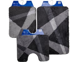 Wicotex - Badmat set - Badmat - Toiletmat - Bidetmat Grijs gestreept - Antislip onderkant - WC mat met uitsparing