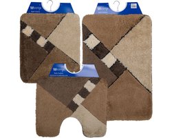 Wicotex - Badmat set - Badmat - Toiletmat - Bidetmat Taupe - Beige geblokt - Antislip onderkant - WC mat met uitsparing
