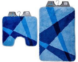 Wicotex - Badmat set met Toiletmat - WC mat met uitsparing Blauw gestreept - Antislip onderkant