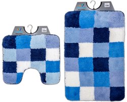 Wicotex - Badmat set met Toiletmat - WC mat met uitsparing Blauw Wit geblokt - Antislip onderkant