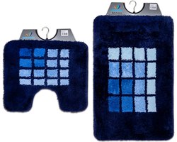 Wicotex - Badmat set met Toiletmat - WC mat met uitsparing Blauwe rand geblokt - Antislip onderkant