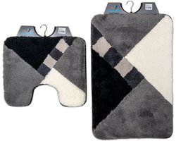 Wicotex - Badmat set met Toiletmat - WC mat met uitsparing Grijs - Zwart - Wit geblokt - Antislip onderkant
