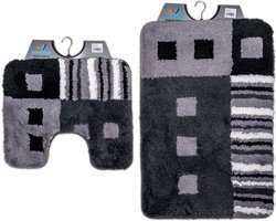 Wicotex - Badmat set met Toiletmat - WC mat met uitsparing modern Zwart Grijs Wit - Antislip onderkant