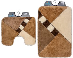 Wicotex - Badmat set met Toiletmat - WC mat met uitsparing Taupe - Beige geblokt - Antislip onderkant