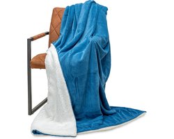 Wicotex - Plaid deken - Fleece Plaid Espoo Blauw - Afmeting 150x200cm met Witte Sherpa binnenkant - Zacht en warme Fleece deken - Plaidfleece
