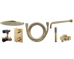 Wiesbaden Caral inbouw doucheset met 30cm ronde hoofddouche inclusief handdouche en handdouchehouder met geïntegreerde uitlaat inclusief inbouwdeel geborsteld messing