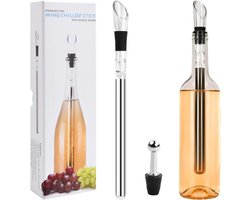 Wijn Koelstaaf Set - 3-in-1 RVS Wijnkoeler en Schenkstuk - Snelkoelende Wijnaccessoires - Voor Wijnflessen en Decanteerders - Luxe Wijnaccessoire - Voor Wijnliefhebbers en Gastronomen - Wijnkoeler - RVS - 2delig