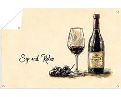 Wijnfles en glas kunstprint - Wijn tuinprint - Tuinschilderijen druiven - Lijntekening - Tuinaccessoires - Tuinschilderijen voor buiten - tuinposter 90x60 cm