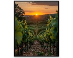Wijngaard ondergaande zon fotolijst met glas 50 x 70 cm - Prachtige kwaliteit - Wijn -Spanje - Frankrijk - Italie - Harde lijst - schilderij - Glazen plaat - incl ophangsysteem - Grappige Poster - Foto ingelijst - Canvas