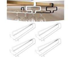 Wijnglashouders, 4 stuks, hangende wijnglazenhouders onder de kast, glazenhouder om op te hangen, metaal, steenrek, geen boren, wijnglas, rek voor keuken, bar, restaurant (wit)