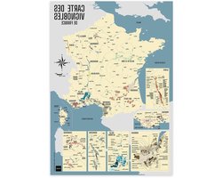 Wijnkaart Poster - Frankrijk Wijngebieden - Wanddecoratie - Vintage Stijl - A2 Formaat - Geel