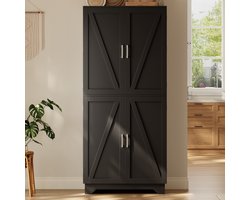 Wijnkast 80x40x180 cm – Hoog Opbergmeubel met Opbergruimte en Legplanken – Modern Design – Voor Woonkamer – Zwart + Natuurlijk Hout
