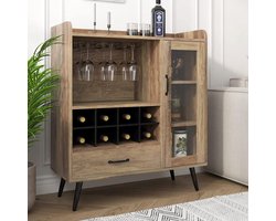 Wijnkast Buffet - Drankenkast Opbergkast - Dranken Opbergen - Glazen Deur Flessenrek - 80 cm Breed - Licht Hout
