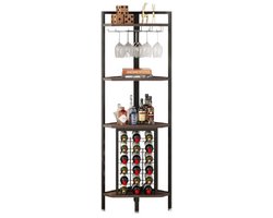 Wijnkast - Drankkast - Hoekkast- Kast - Met glazenrek - Wijnrek- Maximaal 18 Flessen - Industrieel - Hout en metaal - Meubel - Hoekmeubel - Bruin/Zwart - 40 × 40 × 160 cm