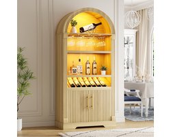 Wijnkast Hout - Barkast Modern - Dranken Opslag - Met LED Verlichting - 180 cm Hoog - Houtkleurig