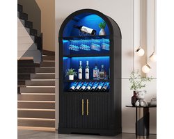 Wijnkast met led - Barkast modern - Dranken opbergen - Verstelbaar licht - 180 cm hoog - Zwart