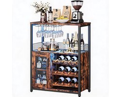 Wijnkast met led verlichting, barkast met verstelbaar wijnrek en glashouder, industriële stijl, barmeubel voor keuken, eetkamer of woonkamer, 70 x 35 x 92 cm
