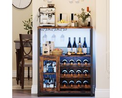 Wijnkast met LED-verlichting, barkast met verstelbare flessenrekken & glazenhouder, drankopslag voor keuken & eetkamer, 70x35x92 cm, Bruin