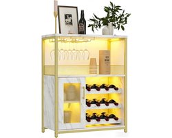 Wijnkast met LED-verlichting, barkast met verstelbare flessenrekken & glazenhouder, drankopslag voor keuken & eetkamer, 70x35x92 cm, goudkleurig