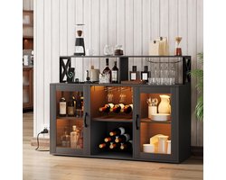 Wijnkast met led verlichting en USB-poorten, barkast met 3 niveaus en glazen plank, verstelbare planken, vrijstaande opbergkast voor keuken, eetkamer en woonkamer.
