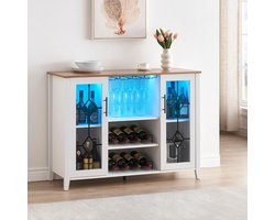 Wijnkast met LED-verlichting - Wijnkast, koffiemeubel in industriële stijl, met opbergruimte en 2 verstelbare planken, wit + mangokleur.