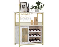 Wijnkast met ledverlichting – Uitneembaar wijnrek – Koffiebar met glazenhouders – Verstelbare planken en gaasdeur – Klein dressoir en buffetkast voor de keuken, woonkamer en bar – Goud