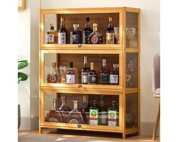 Wijnkast Met Opslag - Drankenkast Bar - Dranken Presenteren - Volledig Transparant - 70cm Breed - Houtkleur