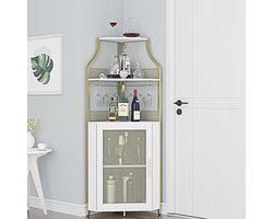 Wijnkast voor- hoekkast met 5 planken – Ruime opbergruimte – Deur met gaas – Uitneembaar glazenrek en wijnrek – Ideaal voor eetkamer, woonkamer of keuken – Goudkleurig
