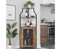 Wijnkast voor in de hoek, houten wijnkelder met werkblad, 5 planken, industriële stijl, met glashouders en metalen gaasdeur, hoekbarkast voor woonkamer, keuken en eetkamer.