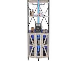 Wijnkast voor in de hoek met stopcontact, barkast in industriële stijl met ledstrip en glashouder, houten dressoir met 4 planken voor thuis en kleine ruimtes, deur met traliewerk