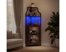 Wijnkast voor in de hoek, wijnrek in industriële stijl met ledverlichting, barkast met verstelbaar wijnrek en glashouder, drankopslag, wijnbarkast voor keuken, eetkamer, woonkamer, retrostijl