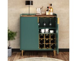 Wijnkast – Wijnrek – Wijnmeubel – Flessenhouder – Retro Kast – Massief Hout – Ruimte Voor 9 Flessen – Vrijstaand Met Planken – Groen