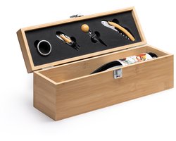 Wijnkist & Wijn Accessoires Set – 4-Delig in Bamboe Houten Kist – Perfect Cadeau