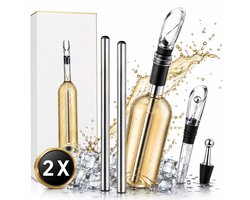 Wijnkoeler Stick - 4-in-1 Wijnkoeler Staaf - Luxe Geschenkset - RVS - Lekvrij - Inclusief Schenktuit & Stopper - Geschikt Voor Elke Wijnfles - 2 Stuks