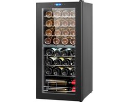 Wijnkoeler voor 32 flessen, wijnkoelkast met twee zones en twee temperaturen, vrijstaande koelkast met digitale bediening, deur van gehard glas met UV-bescherming.